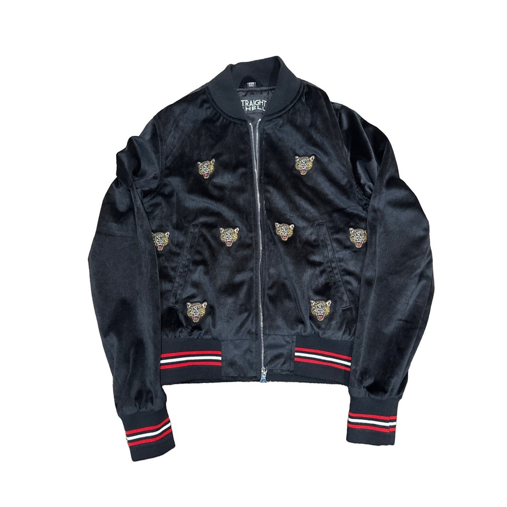 Straight To Hell GABRIELLE Embroider Cheetah Black Velvet Bomber Jacket XXS READ
